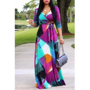 V Neck Color Patchwork Multicolor Dress